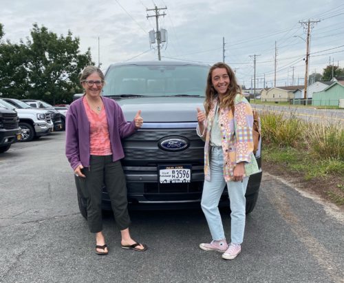Thumbs up from ANCA Energy Circuit Riders Nancy Bernstein and Carlie Leary to the City of Plattsburgh Highway Department for purchasing two F-150 Lightning pickup trucks.